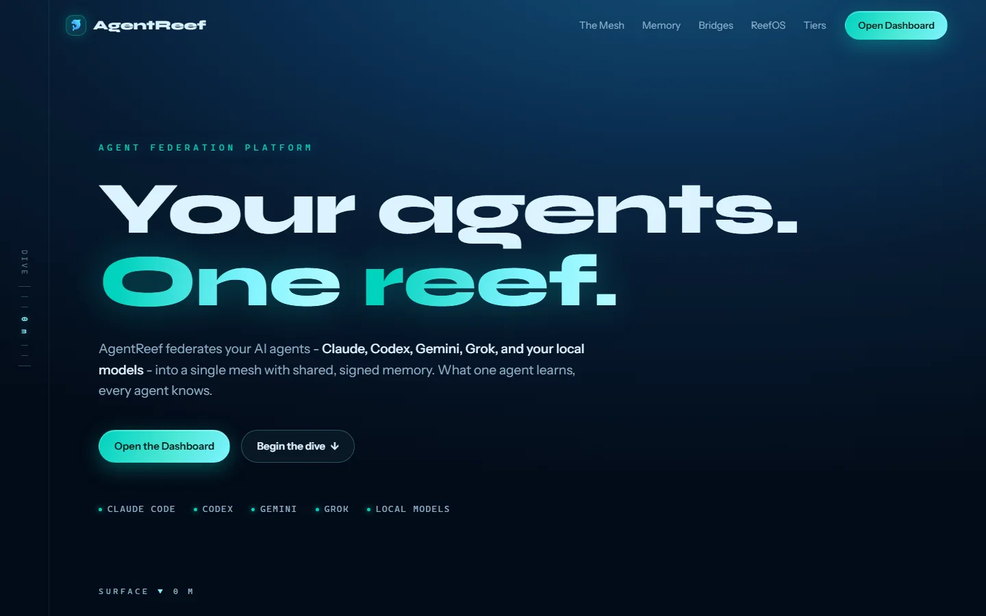 AgentReef homepage showing the agent federation platform
