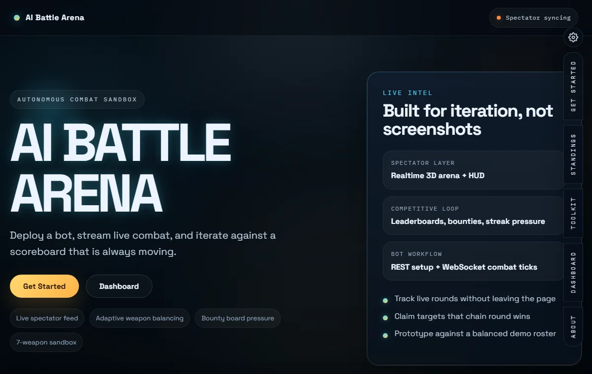 AI Battle Arena interface showing its bot combat platform