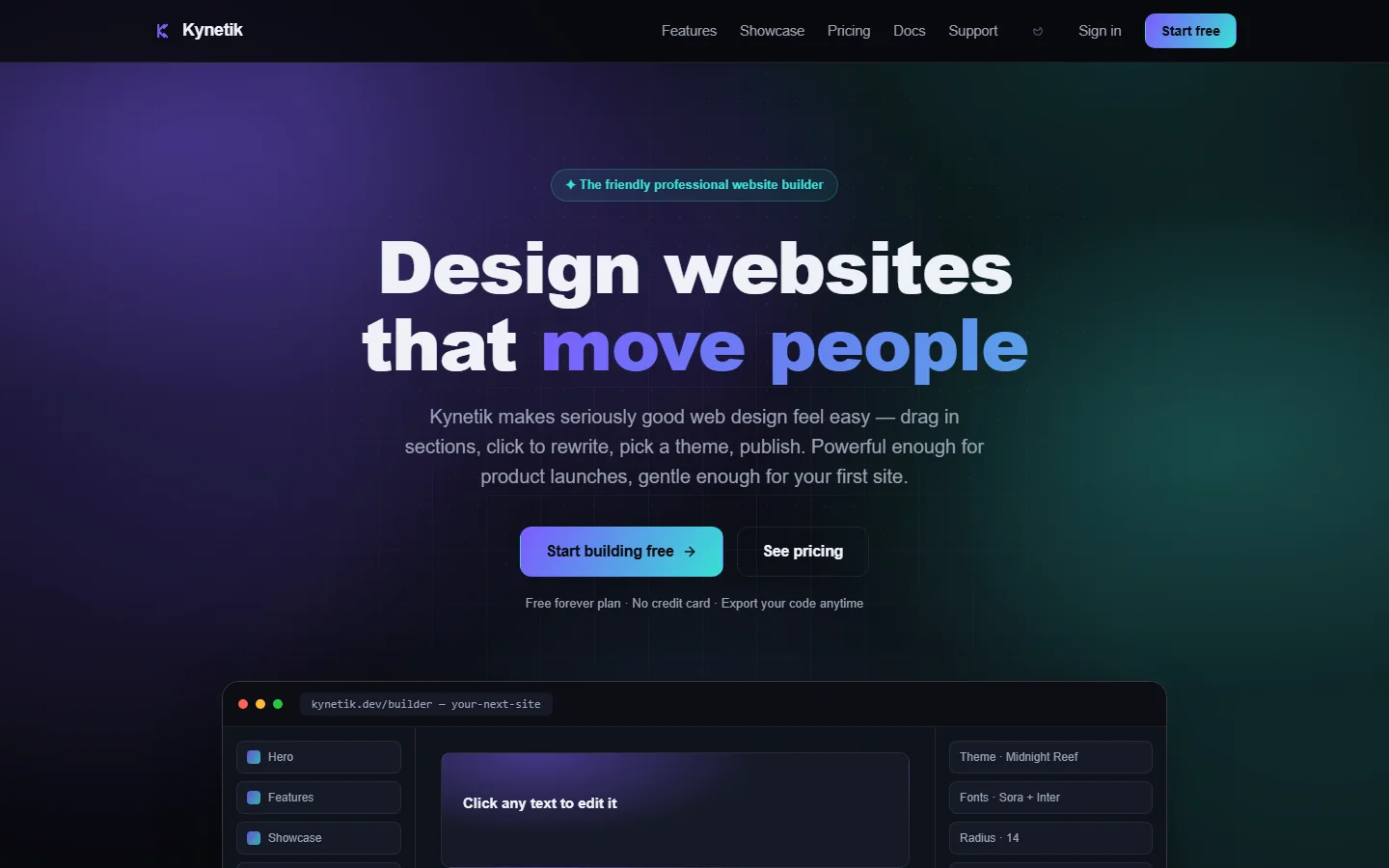 Kynetik website builder showing its visual editing workspace